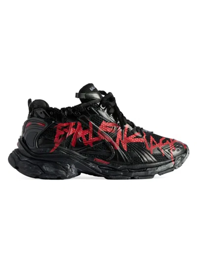 Balenciaga Men's Runner Graffiti Sneakers In Black