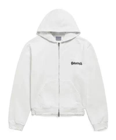 Balenciaga Medium Fit Salon De Couture Distressed Full Zip Fleece Graphic Hoodie In White