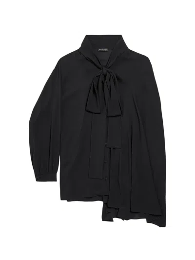 Balenciaga Asymmetric Black Silk Blouse With Scarf In Green