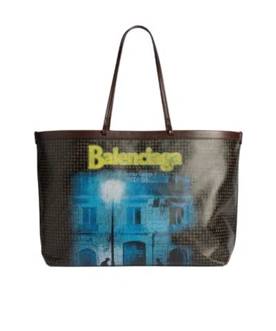 Balenciaga Logo-print Leather-trim Tote Bag In Brown