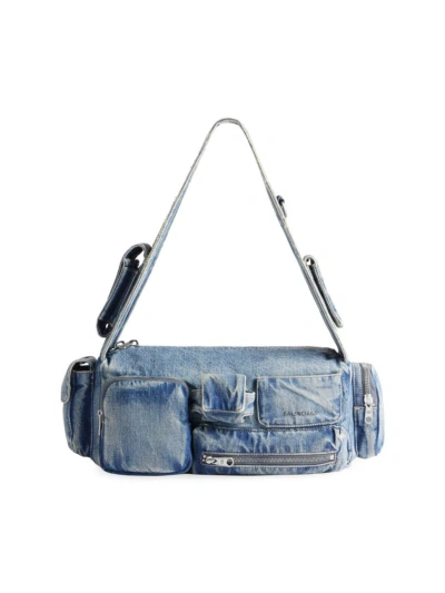 Balenciaga Women's Superbusy Small Sling Shoulder Bag In Denim In Blue