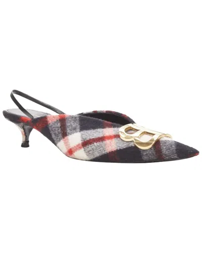 Pre-owned Balenciaga Women's Wool/hair Bb Knife Gold Logo Red Black Plaid Wool Sling  Kitten Pump Eu38.5 (auth