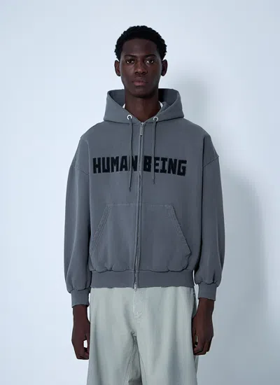Balenciaga Women Zip-up Human Being Hooded Sweatshirt In Gray