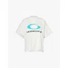 Balenciaga Icon Print Cropped Cotton T-shirt In Dirty White Blue