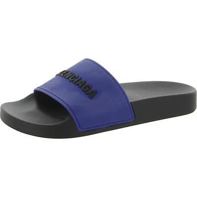 Pre-owned Balenciaga Womens Blue Footbed Logo Pool Slides Shoes 35 Wide (c,d,w) Bhfo 5898 In Blue/black/black