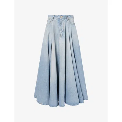 Balenciaga Womens Dirty Light Blue Godet Flared Denim Maxi Skirt