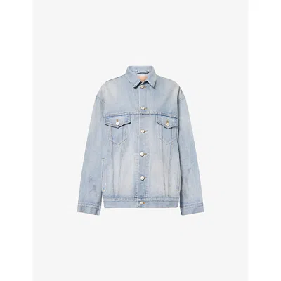 Balenciaga Womens Dirty Light Blue Logo-print Oversized Denim Jacket