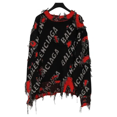 Pre-owned Balenciaga Womens Logo Wool Cotton Blend Distressed Sweater Black Red Pullover