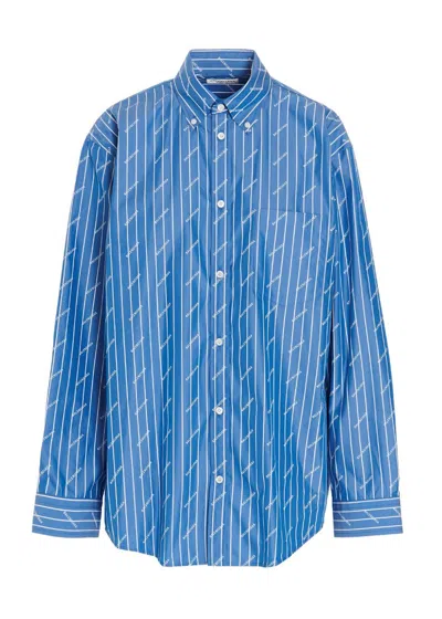 Pre-owned Balenciaga Womens Oversized Stripe Logo Long Sleeve Shirt In Blue White