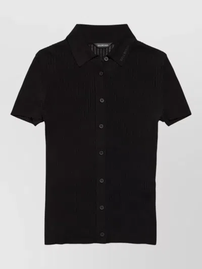 Balenciaga Womens Ribbed Short Sleeve Collared Shirt In Black
