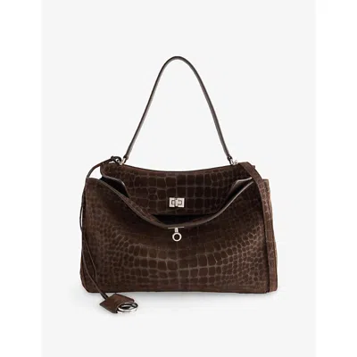 Balenciaga Womens Brown Rodeo Medium Croc Suede Top-handle Bag
