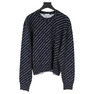 Pre-owned Balenciaga Womens Sweater Large 42 Blue White Logo Cropped Crew Neck Pullover