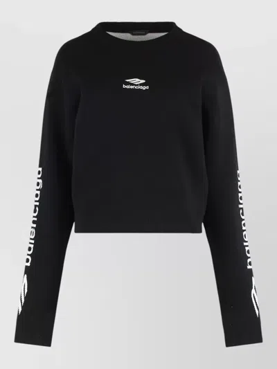 Balenciaga Wool Blend Crew Neck Cropped Sweater In Black