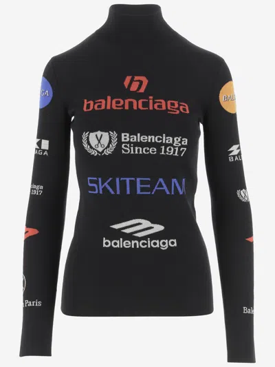 Balenciaga Wool Blend Pullover With Logo In Black