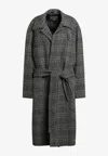 Balenciaga Wool Check Belted Coat In Gray