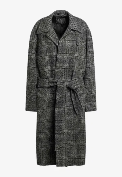 Balenciaga Wool Check Belted Coat In Gray
