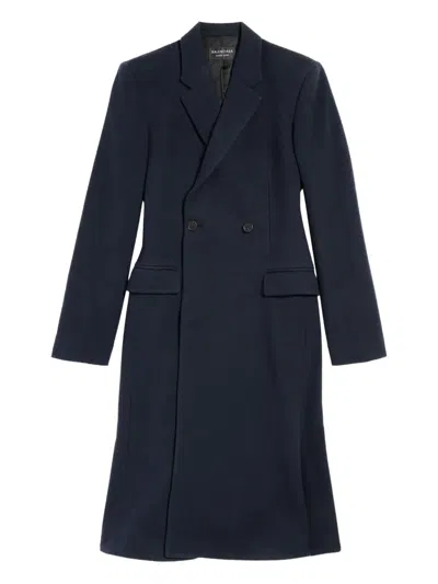 Balenciaga Wool Double-breasted Coat In Blue