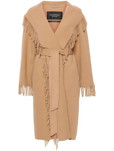 Balenciaga Fringed Wool Wrap Coat In Beige