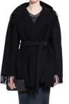 Balenciaga Hooded Fringe Oversized Self-tie Wool Jacket In Black
