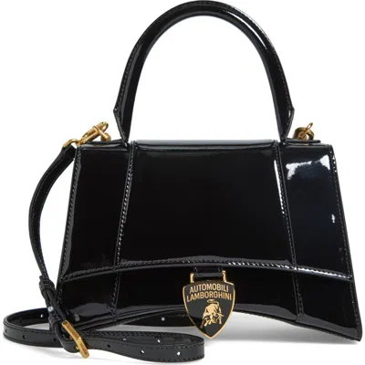 Balenciaga X Automobili Lamborghini Small Hourglass Patent Leather Top Handle Bag In Black