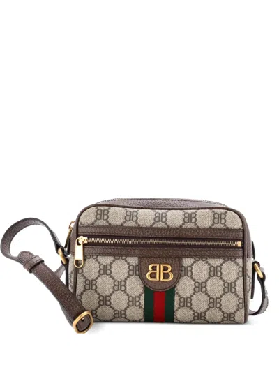 Pre-owned Balenciaga X Gucci The Hacker Project Camera Bag Bb Coated Canvas Mini Crossbody Bag In Brown