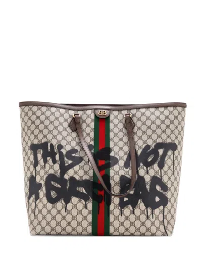 Pre-owned Balenciaga X Gucci The Hacker Project Graffiti Bb Coated Canvas Large Tote Bag In Neutral