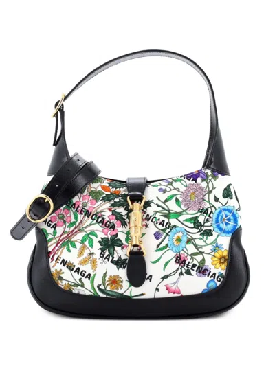 Pre-owned Balenciaga X Gucci The Hacker Project Jackie 1961 Flora Canvas Small Hobo Bag In Black