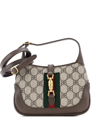 Pre-owned Balenciaga X Gucci The Hacker Project Jackie 1961 Hobo Bb Coated Canvas Mini Shoulder Bag In Brown