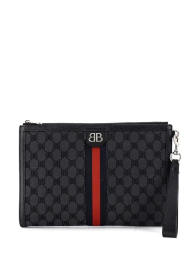 Pre-owned Balenciaga X Gucci The Hacker Project Web Wristlet Bb Canvas Clutch Bag In Black