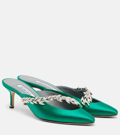 Balenciaga X Manolo Blahnik Embellished Satin Mules In Green