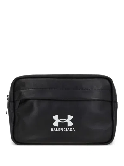 Balenciaga X Under Armour Logo-print Leather Wash Bag In Black