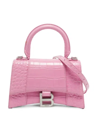 Pre-owned Balenciaga Xs Hourglass Croc-embossed Top-handle Bag In Pink