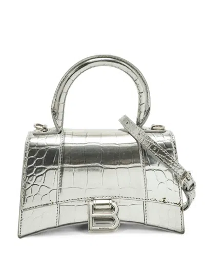 Pre-owned Balenciaga Xs Hourglass Croc-embossed Tote Bag In Silver