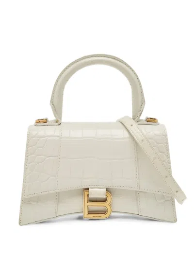 Pre-owned Balenciaga Xs Hourglass Croc-embossed Tote Bag In White