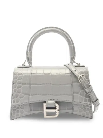 Pre-owned Balenciaga Xs Hourglass Croc-embossed Two-way Tote Bag In Gray