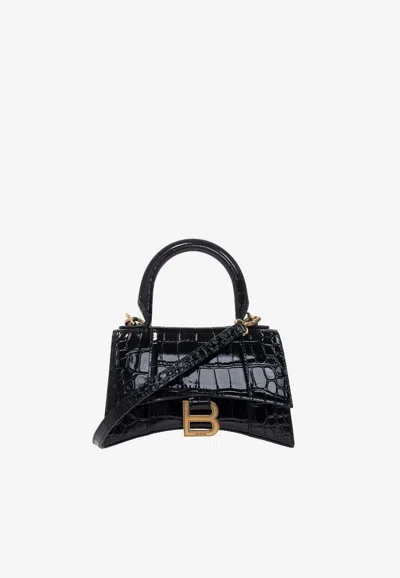 Balenciaga Xs Hourglass Crocodile-embossed Crossbody Bag In Black