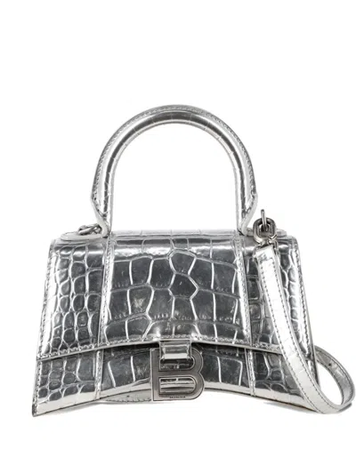 Pre-owned Balenciaga Xs Hourglass Crocodile-embossed Handbag In Silver