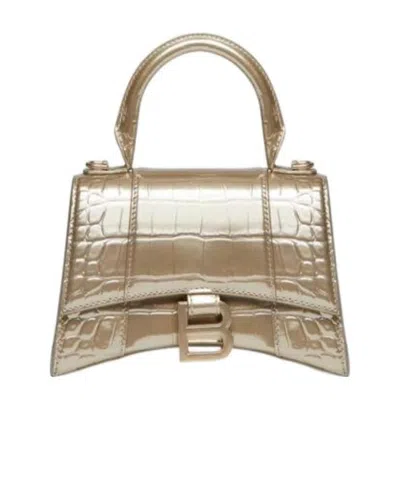 BALENCIAGA WOMEN'S HOURGLASS XS HANDBAG METALLIZED CROCODILE EMBOSSED  IN GOLD
