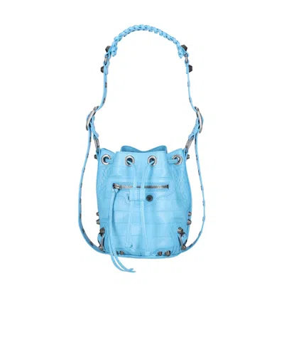 BALENCIAGA BORSA A SECCHIELLO LE CAGOLE XS CON LAVORAZIONE COCCODRILLO  DA DONNA IN BLU CIELO