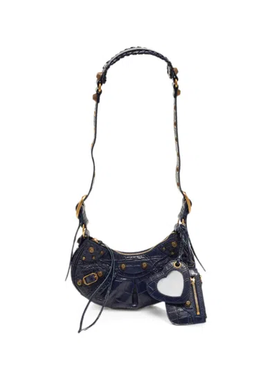 Pre-owned Balenciaga Xs Le Cagole Croc-embossed Shoulder Bag In Blue