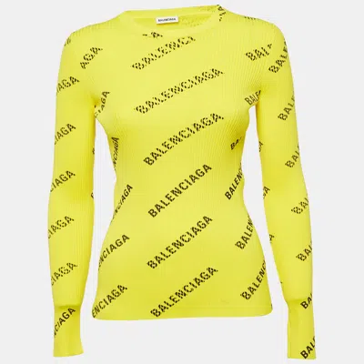 Pre-owned Balenciaga Yellow Logo Print Rib Knit Full Sleeve Top M