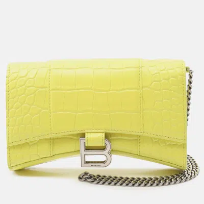 Pre-owned Balenciaga Yellow Shiny Calfskin Crocodile Embossed Hourglass Wallet On Chain