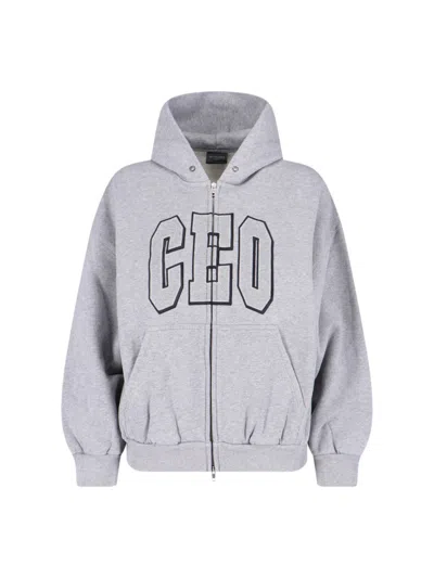 Balenciaga Zip Front Hoodie With Contrast Logo And Ribbed Details In Gray