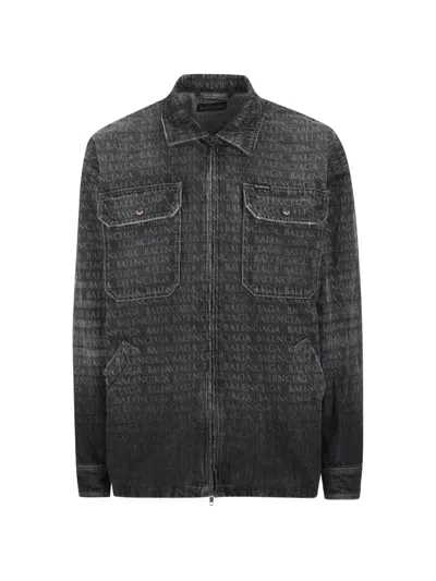 Balenciaga Men Denim Overshirt With All-over Logo In Blue