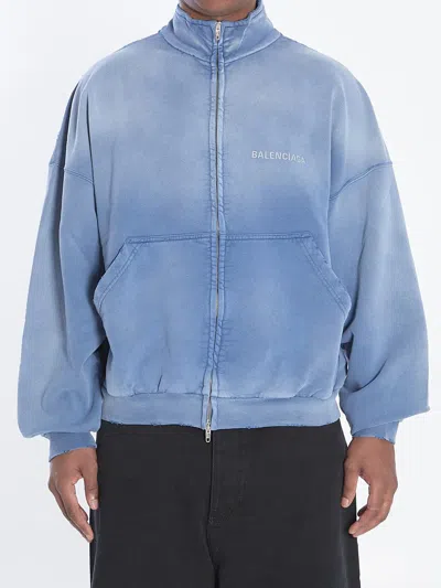 Balenciaga Distressed Logo Zip-up Sweatshirt In Blue