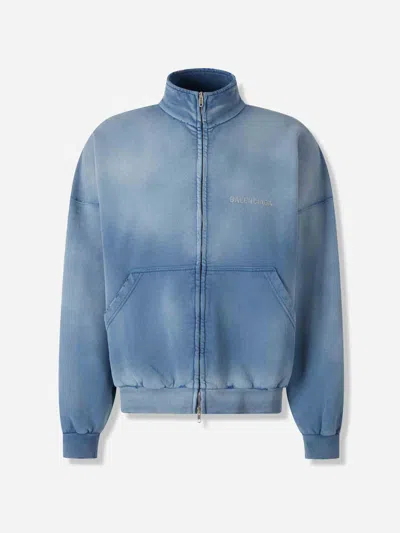 Balenciaga Distressed Logo Zip-up Sweatshirt In Blue