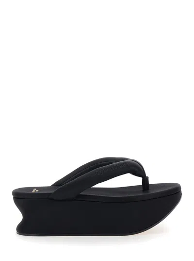 Balenciaga -inspired Thong Wedge Sandals With Round Toe And Medium Heel In Viscose Blend In Black