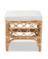 Bali & Pari 18.5" Upholstered And Natural Rattan Orchard Modern Bohemian Ottoman In White,natural Brown