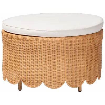 Bali & Pari Teresa Bohemian Light Honey Scalloped Rattan Ottoman