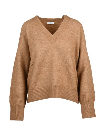 Ballantyne Alpaca-wool Blend V-neck Sweater With Relaxed Fit In Brown